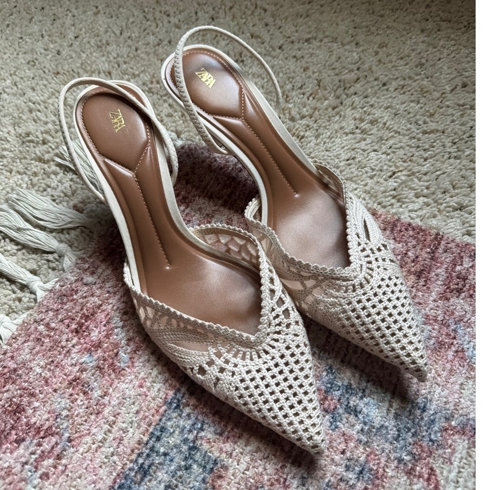 Zara Crochet Slingback Pumps Women's 10 / EU 41 Pointed Toe Mules Net Mesh Heels